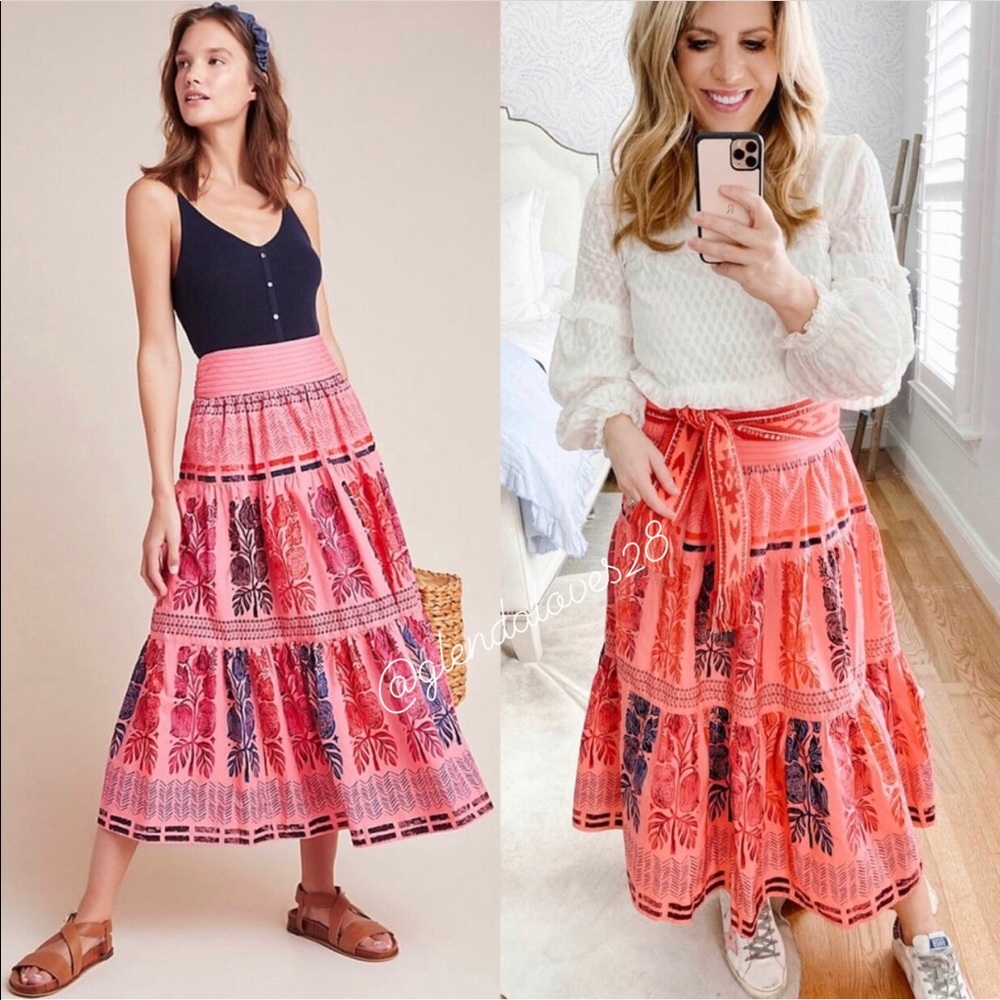 Anthropologie Coral Pink Floral Tiered Midi Skirt